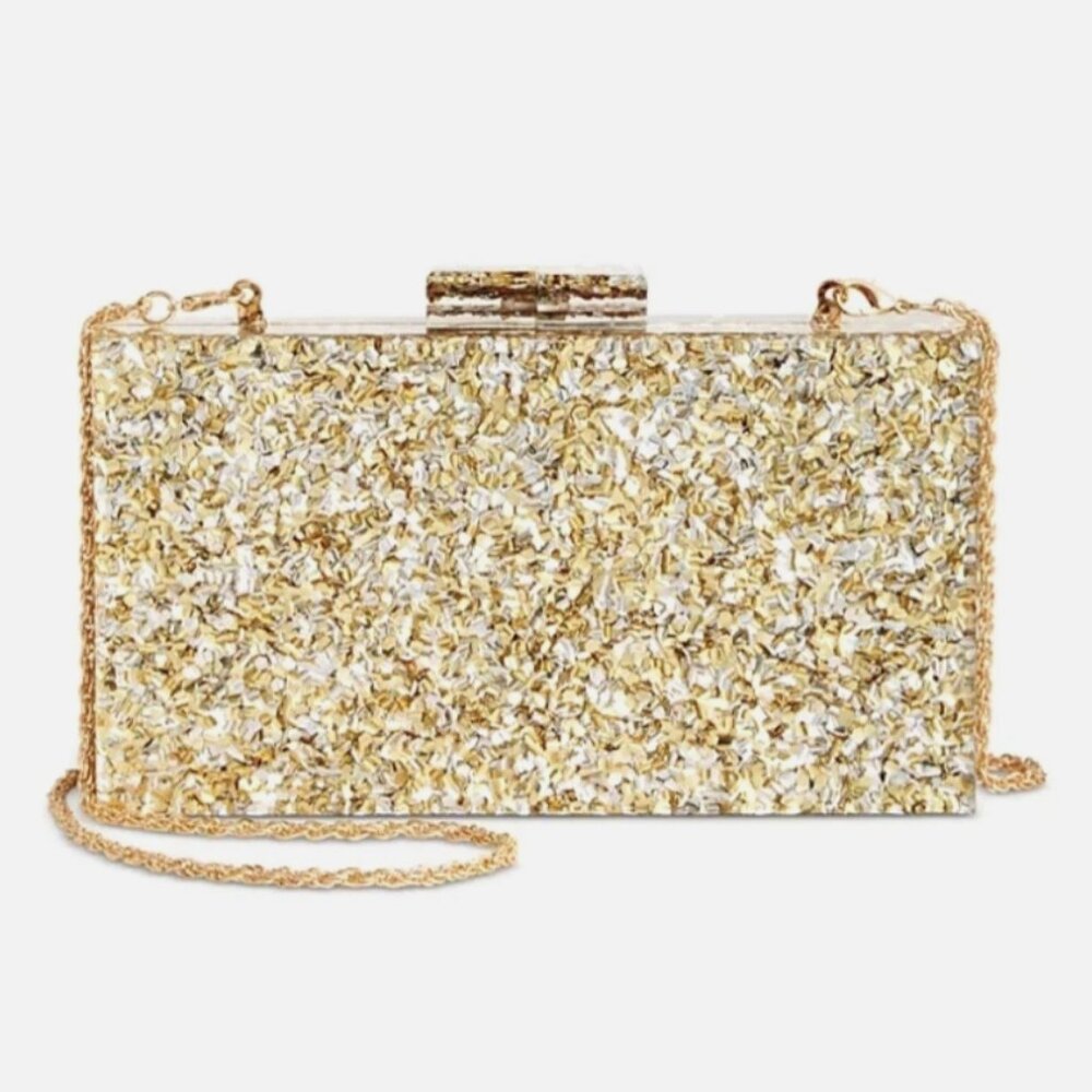 INC International Concepts Acrylic Box Clutch Crossbody Evening Bag Sparkle Gold - Picture 9 of 9